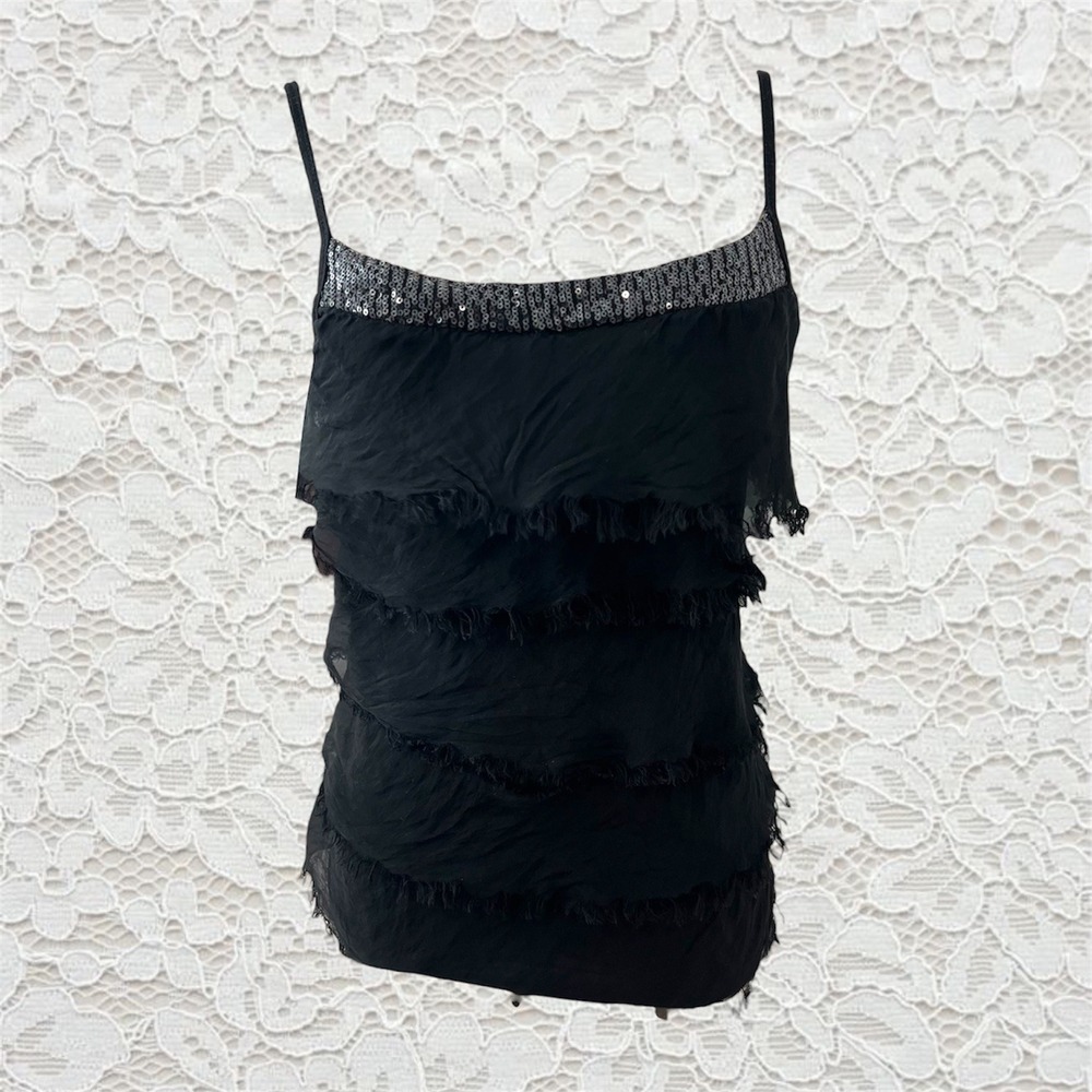 vintage y2k silk frayed ruffle tank top with sequin trim